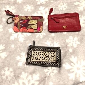 BUNDLE of 3 mini zip pouches, 5" x 3", EUC, 1 woven, 1 leather, 1 cotton.